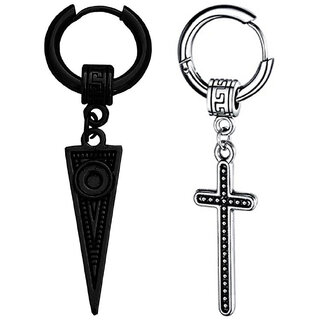                       M Men Style Hollow-Out Triangle  Rock  With  Christ Jesus  Cross  Stainless Steel Hoop Earrings                                              