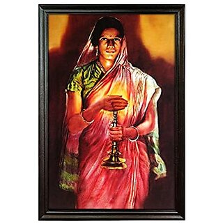 Lady With Lamp Digital Reprint With Lamination And Wood Frame Size( 13.2 x19.6 Inch)