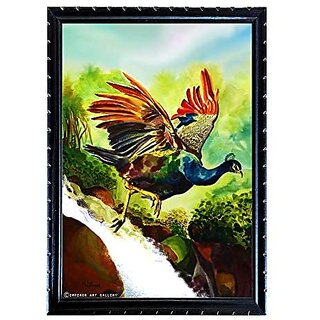 Emperor Art Gallery Peacock Art Painting Print With Laminated # Wood Frame # (Size 19.4 x 13.5)