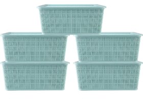 Selvel Polypropylene Large Multipurpose Storage Baskets With Lid For Kitchen, Stationery, Set of 5, Green