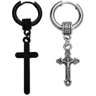                       M Men Style Jesus  Cross  With Feather  Ring  Long Chain Black & Silver  Stainless Steel Earrings                                              