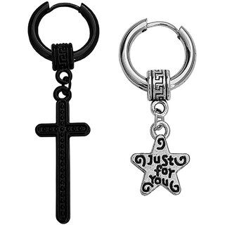                       M Men Style  Christ  Jesus  Cross  With Just For You Star  Black & Silver  Stainless Steel Earrings                                              