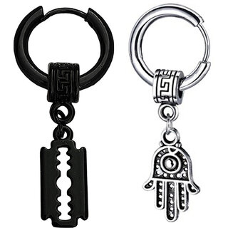                       M Men Style Christ  Jesus  Cross  With Just For You Star  Black & Silver  Stainless Steel Earrings                                              