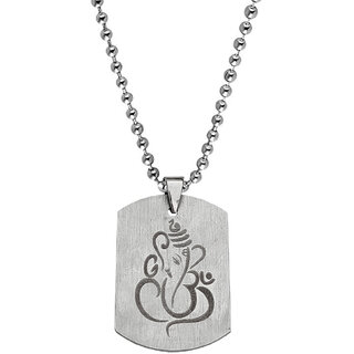                       M Men Style Hindu Lord Shree Ganesh Shiv Gauri Son Black And Silver  Stainless Steel Pendant  Chain                                              