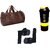 Combo of Brown Leather Gym Bag with Gloves and Spider Shaker Yellow Gym Fitness Kit New Yellow Shaker