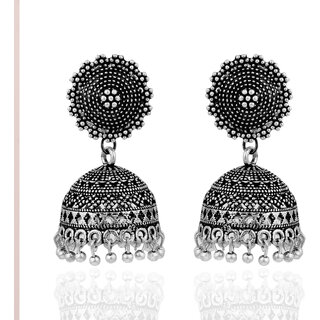                       Pearlz Ocean Silver Coloured Oxidised Alloy Jhumka Earrings for Girls and Women                                              