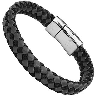                       M Men Style  Valentine Day Gift  Mens  Trendy  Grey Black  Leather And Stainless Steel  Bracelet                                              