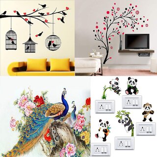                       Eja Art Combo of 4 Wall Sticker Love Birds with Hearts-(125 x 85 cms) | Magical Tree-(150 x 150 cms) | Royal Peacock-(50 x 60 cms) | Panda-(60 x 50 cms) - Material Vinyl                                              