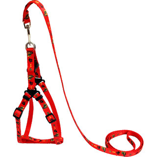                       Petshop7 Nylon Adjustable Leash with Harness Set Printed Nylon Puppy Harness for Small & Medium Dogs Colour -15mm (Red)                                              