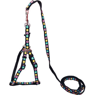                       Petshop7 Printed Ribbon Nylon Adjustable Leash with Harness Set Printed Nylon Cat & Puppy Harness 10mm (Black)                                              