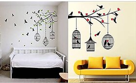 Ghar Kraft PVC Vinyl Wall Sticker Flying Bird with Cage and Love Birds with Hearts Wall Sticker Set of 2