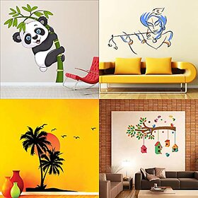 Ghar kraft Vinyl Self Adhesive Fantasy Wall Stickers of Baby Panda Bansidhar Krishna Beach with Sunset Bird House On A Branch - Pack of 4