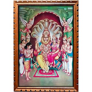                       Mperor Lord Lakshmi Narasimha Swami Laminated Digital Reprint With Jungle Wood Frame Natural Color Wirh Carving Design Size (18 X 13 Inch) Religious Frame                                              