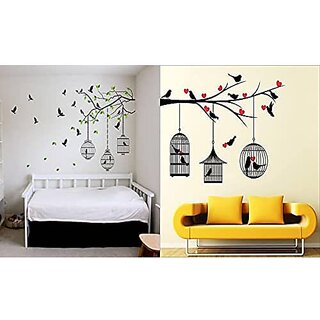                       Ghar Kraft PVC Vinyl Wall Sticker Flying Bird with Cage and Love Birds with Hearts Wall Sticker Set of 2                                              