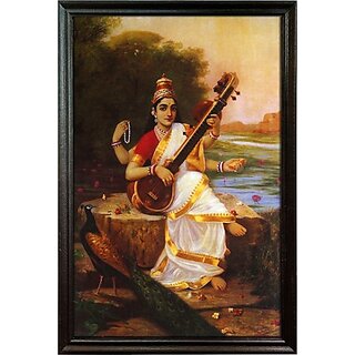                       mperor Raja Ravi Varma Painting Goddess Saraswati Original Canvas Print With Wood Frame Size (13.4 x 18.6)inch Digital Reprint 16 inch x 13.4 inch Painting ()                                              