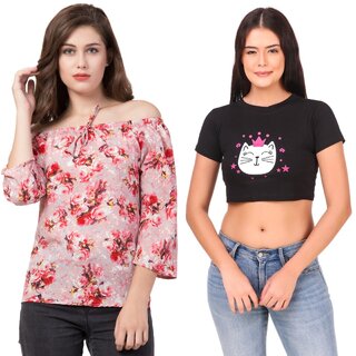                       Combo of 2, One Party Wear OFF Shoulder TOP and One Crop TOP 170 GSM With Bio Wash Fabric.                                              