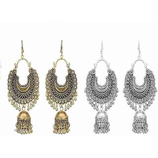                       Combo pack of 2 Elite Oxidised Silver Earring German Silver Drops & Danglers ( Silver,Gold)                                              