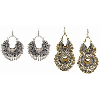                       Combo pack of 2 Trending Silver & Gold Oxidised High Classy Double Decker & Half moon Alloy Chandbali Earring                                              