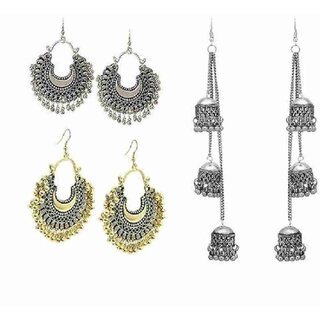                       Combo pack of 3 Oxidised Silver Earring German Silver Drops & Danglers (Silver, Gold, Multi)                                              