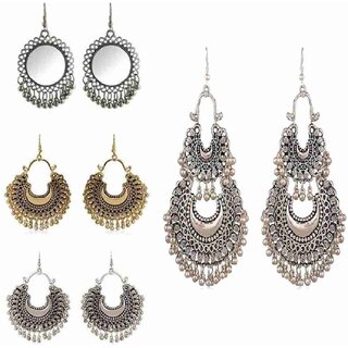                       Combo pack of 4 Oxidised Silver Earring German Silver Drops & Danglers (Silver, Gold)                                              