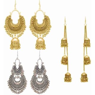                       Combo pack of 3 Elite Oxidised Silver Earring German Silver Drops & Danglers (Silver, Gold)                                              