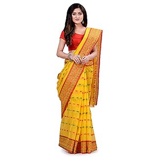                      Db Desh Bidesh Women`S Traditional Bengal Tant Woven Haldi Chaturanga Design Pure Handloom Cotton Saree Without Blouse Piece (Yellow Red)                                              