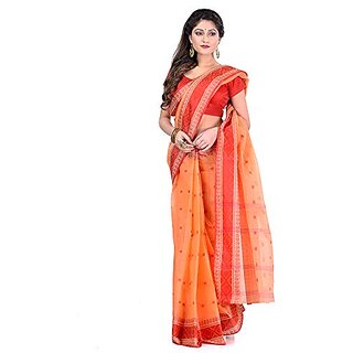                       Db Desh Bidesh Women's Kosa Silk Cotton Saree Without Blouse Piece (Dbesaree031020Spkt_Light Orange and Red)                                              