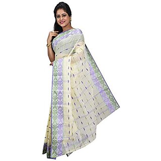                      Db Desh Bidesh Women's Tant Cotton Saree Without Blouse Piece (Dbnoyonchuri2_White Purple and Green)                                              