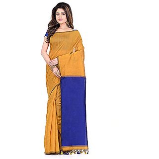                       Db Desh Bidesh Women's Bengal Half Half Handloom Cotton Blend Woven Saree With Blouse Piece (Mustard Yellow And Blue)                                              