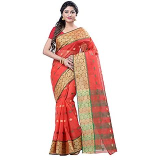                       Db Desh Bidesh Women`S Santipur Handloom Bengal Tant Cotton Saree With Golden Design (Red Green)                                              