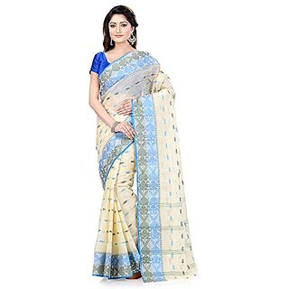                       Db Desh Bidesh Women Pure Cotton Traditional Handloom Bengal Tant Saree Noyonchuri Design Without Blouse Piece (White Green Blue)                                              