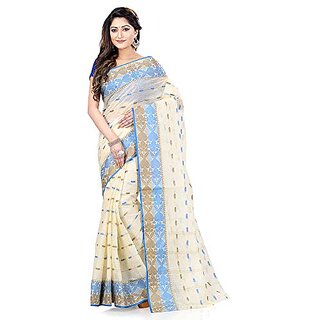                       Db Desh Bidesh Women Pure Cotton Traditional Handloom Bengal Tant Saree Noyonchuri Design Without Blouse Piece (White Golden Blue)                                              