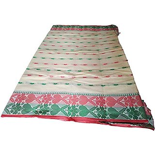                       Db Desh Bidesh Women Pure Cotton Traditional Handloom Bengal Tant Saree Noyonchuri Design Without Blouse Piece (White Red Green)                                              