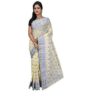                       Db Desh Bidesh Women Tant Cotton Saree (Dbnoyonchuricom1_White and Blue and Green)                                              