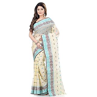                       Db Desh Bidesh Women Pure Cotton Traditional Handloom Bengal Tant Saree Noyonchuri Design Without Blouse Piece (Dbnoyonchuri4_White_Lightgreen_Brown)                                              