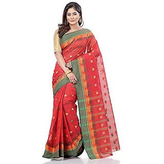                       Db Desh Bidesh Women`S Traditional Bengali Tant Lotus Design Pure Handloom Cotton Saree Without Blouse Piece                                              