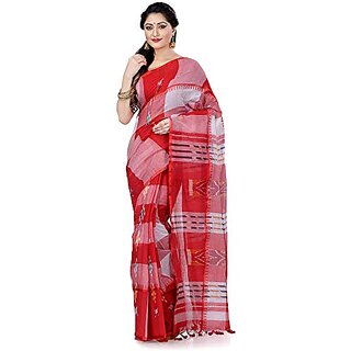                       Db Desh Bidesh Women`S Bengal Handloom Malmal Pure Cotton Saree Handwoven Kotki Design Without Blouse Piece (Red White)                                              