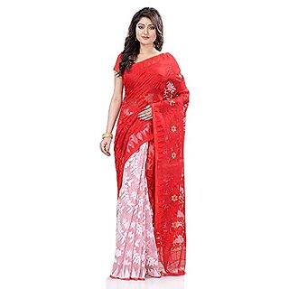                       Db Desh Bidesh Women`S Bengal Handloom Tant Dhakai Jamdani Cotton Saree Whole Body Design (White Red)                                              