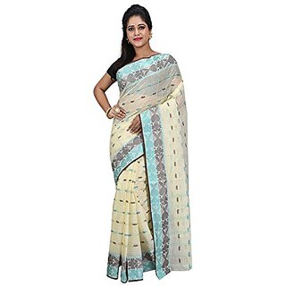                       Db Desh Bidesh Women Tant Cotton Saree (Dbnoyonchuricom1_White and Light Green and Brown)                                              
