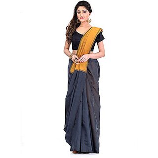                       Db Desh Bidesh Women`S Bengal Half Half Handloom Cotton Blend Saree With Blouse Piece (Black Orange)                                              