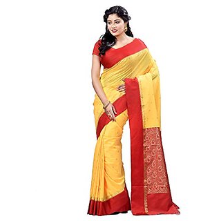                       Db Desh Bidesh Women S Bengal Premium Fine Smooth Original Garad Silk Tant Saree Handmade Exclusive Flower With Kalka With Whole Body Design With Blouse - Yellow And Red                                              
