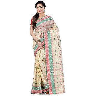                       Db Desh Bidesh Women Pure Cotton Traditional Handloom Bengal Tant Saree Noyonchuri Design Without Blouse Piece (Dbnoyonchuri7_White_Red_Green)                                              