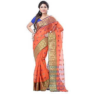                       Db Desh Bidesh Women's Bengal Handloom Cotton Tant Saree Ganga Jamuna Design Without Blouse Piece (Dbgangaj6_Orange_Blue)                                              