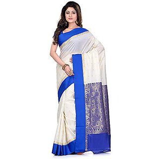                      Db Desh Bidesh Women`S Bengal Premium Art Silk Saree Fine Smooth Designed Saree With Blouse Pcs. Handmade Exclusive Flower With Kalka With Whole Body Design (White And Blue)                                              