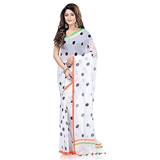                       Db Desh Bidesh Women`S Traditional Hand Woven Malmal Bengal Handloom Pure Cotton Saree Without Blouse Piece (White Orange Green)                                              