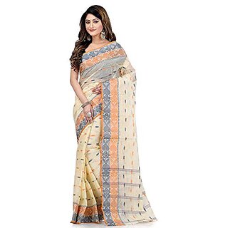                       Db Desh Bidesh Women Pure Cotton Traditional Handloom Bengal Tant Saree Noyonchuri Design Without Blouse Piece (White Blue Golden)                                              
