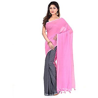                       Db Desh Bidesh Women`S Bengal Half Half Handloom Cotton Silk Saree With Blouse Piece (Grey Pink)                                              