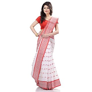                       Db Desh Bidesh Women`S Traditional Bengal Tant Woven Chaturanga Design Pure Handloom Cotton Saree Without Blouse Piece (Red White)                                              