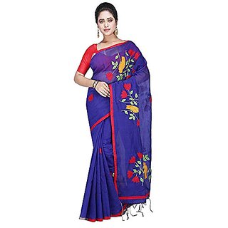                       Db Desh Bidesh Women`S Bengal Cotton Traditional Bengali Handloom Cotton Silk Tant Saree Bird Design With Blouse Piece (Blue)                                              