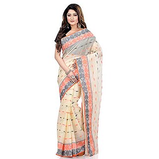                       Db Desh Bidesh Women Pure Cotton Traditional Handloom Bengal Tant Saree Noyonchuri Design Without Blouse Piece (White Orange Deep Blue)                                              